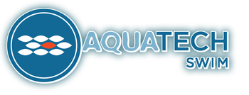 The logo for aquatech swim is blue and white