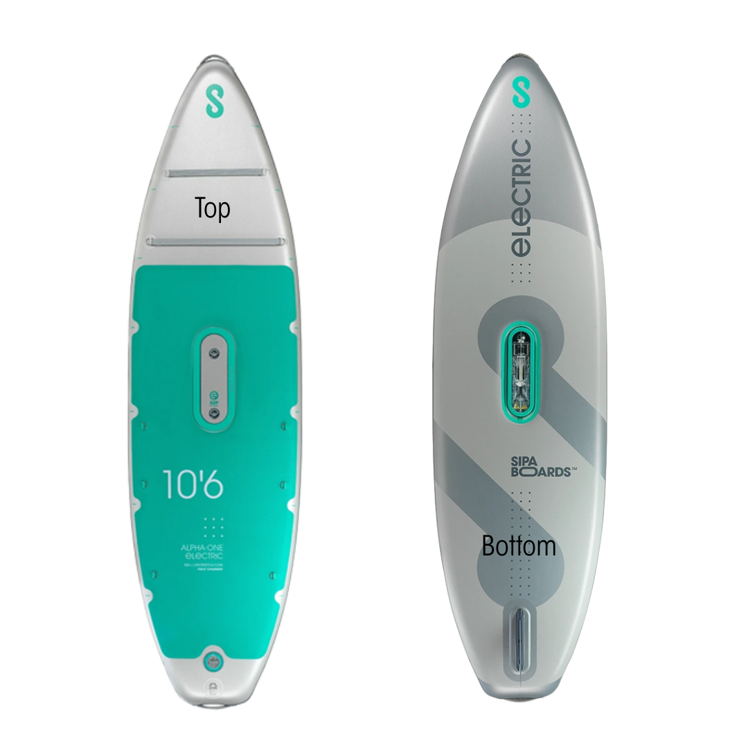 The front and back of an electric surfboard