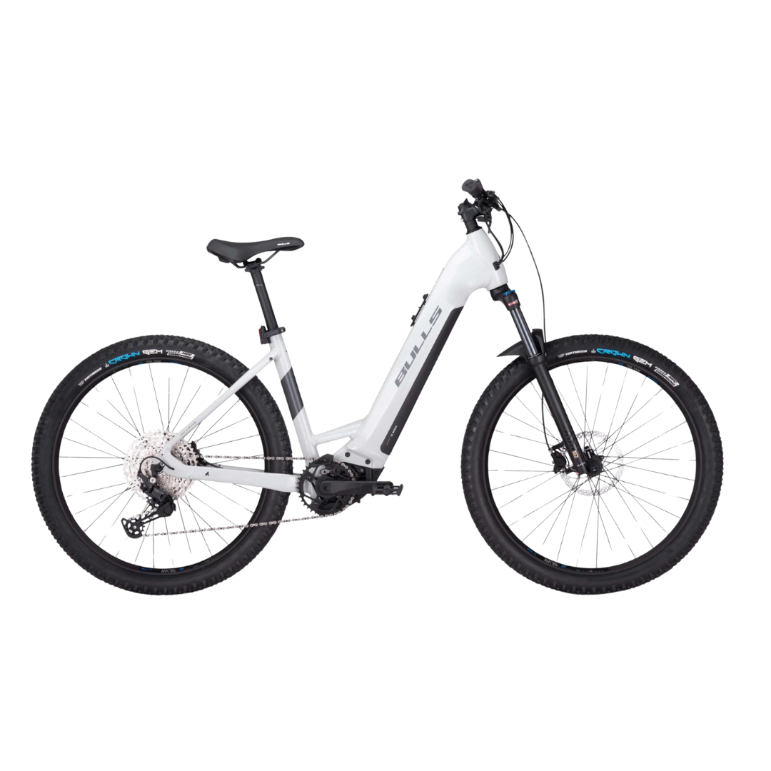 A white bicycle with black wheels on a white background.