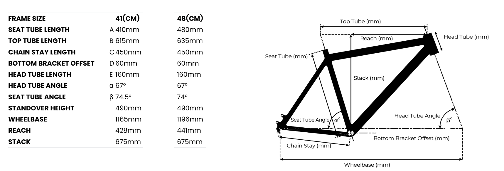 A black and white drawing of a bicycle frame with measurements