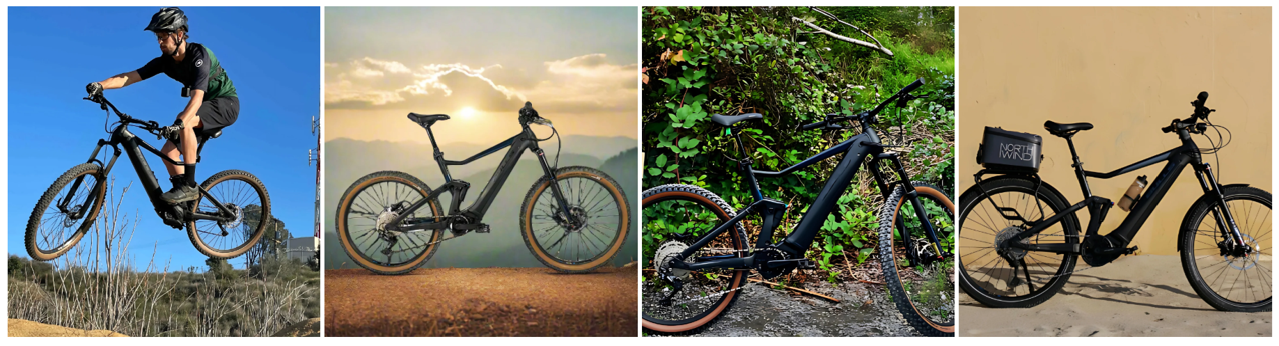 A collage of four pictures of a person riding a bike.