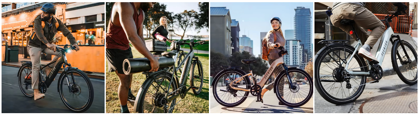 A collage of four pictures of people riding bicycles.