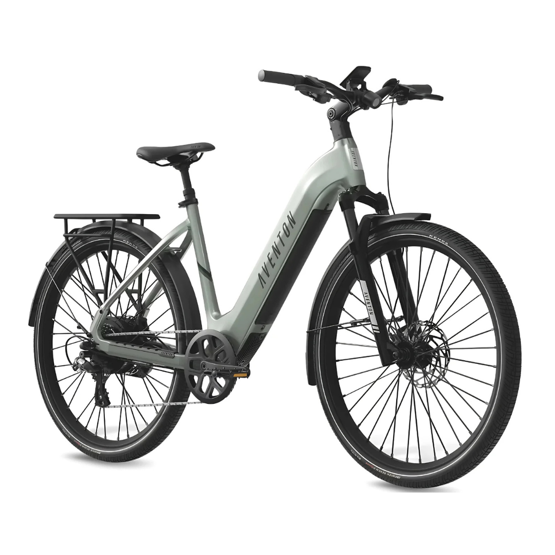 A green electric bike with a large battery on a white background.