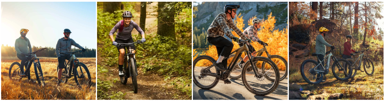 A collage of four pictures of people riding bicycles on a trail.