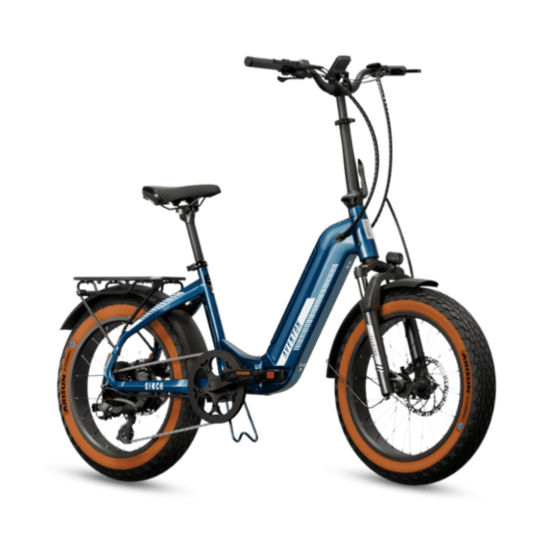 A blue electric bike with orange tires on a white background.