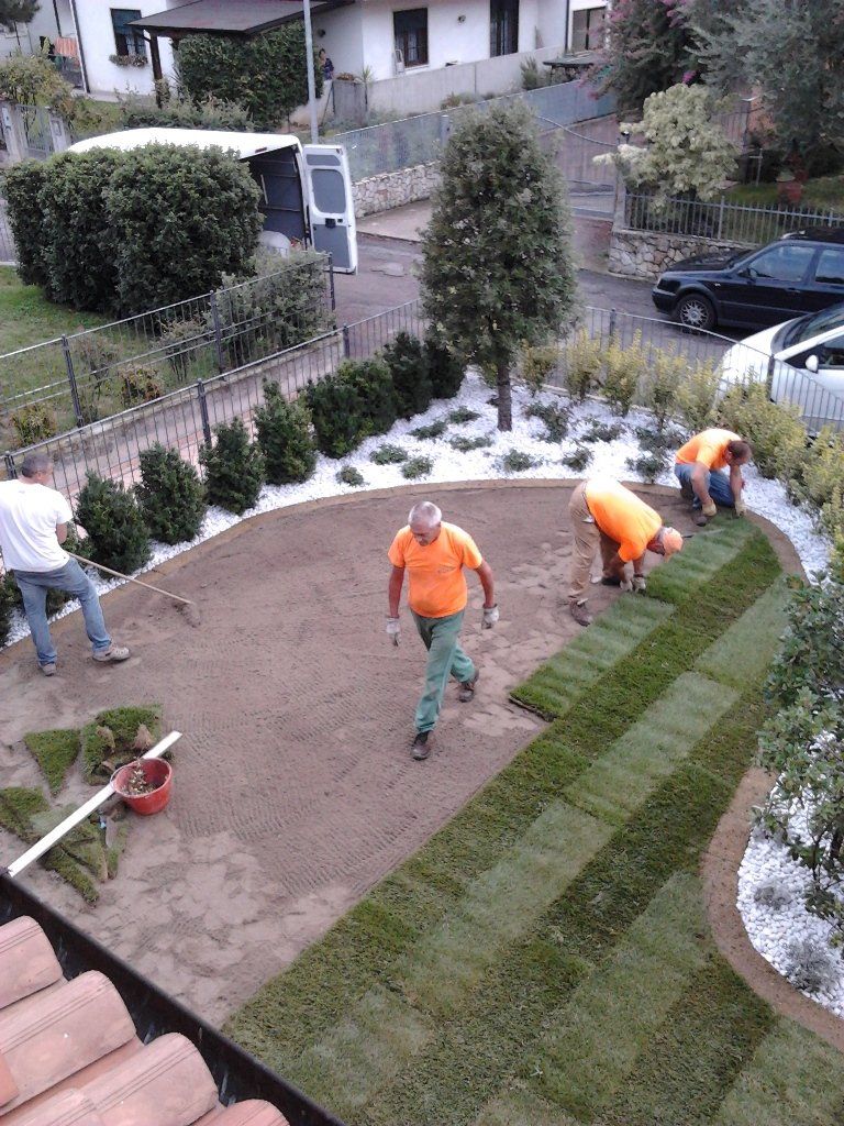 operai durante la posa di un tappeto erboso