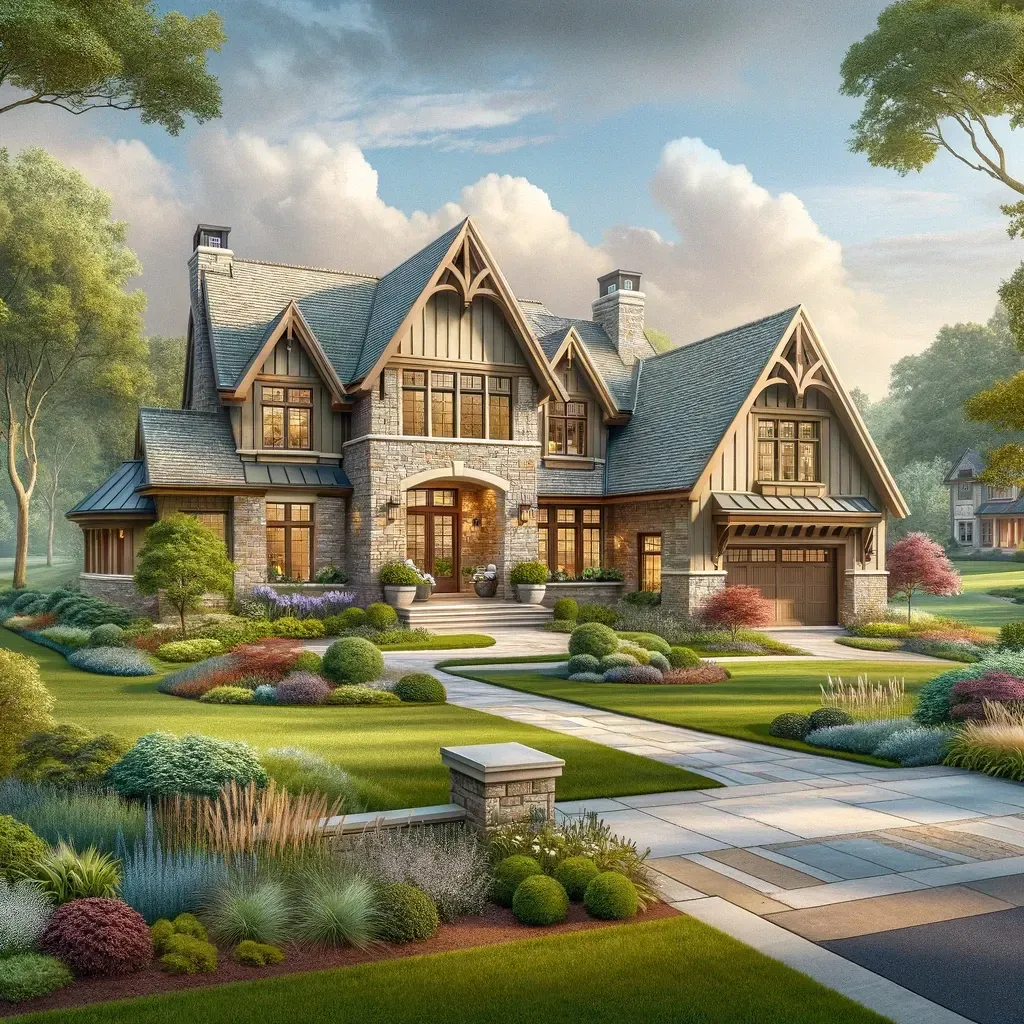 An artist 's impression of a large house with a lush green lawn