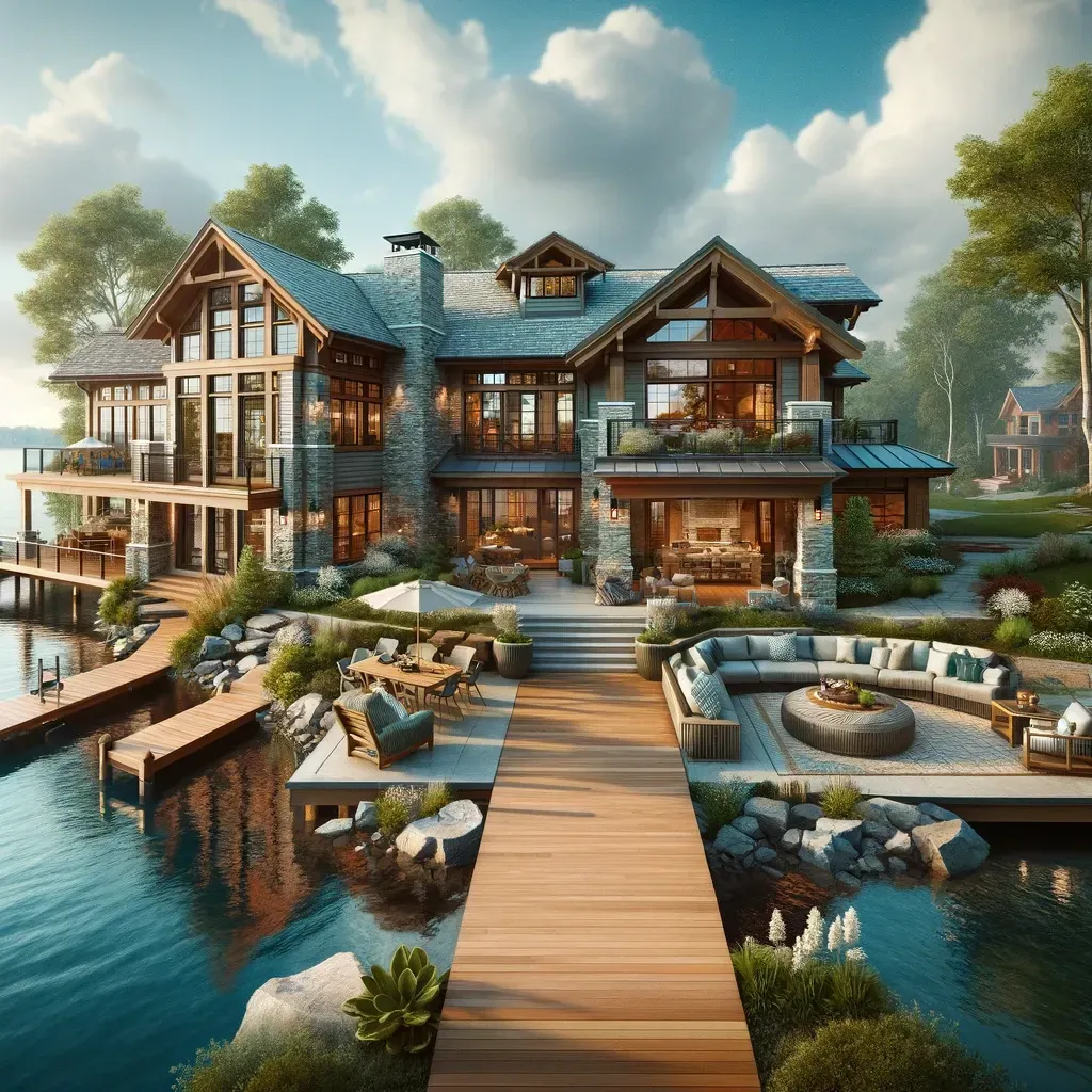 A large house with a wooden walkway leading to it