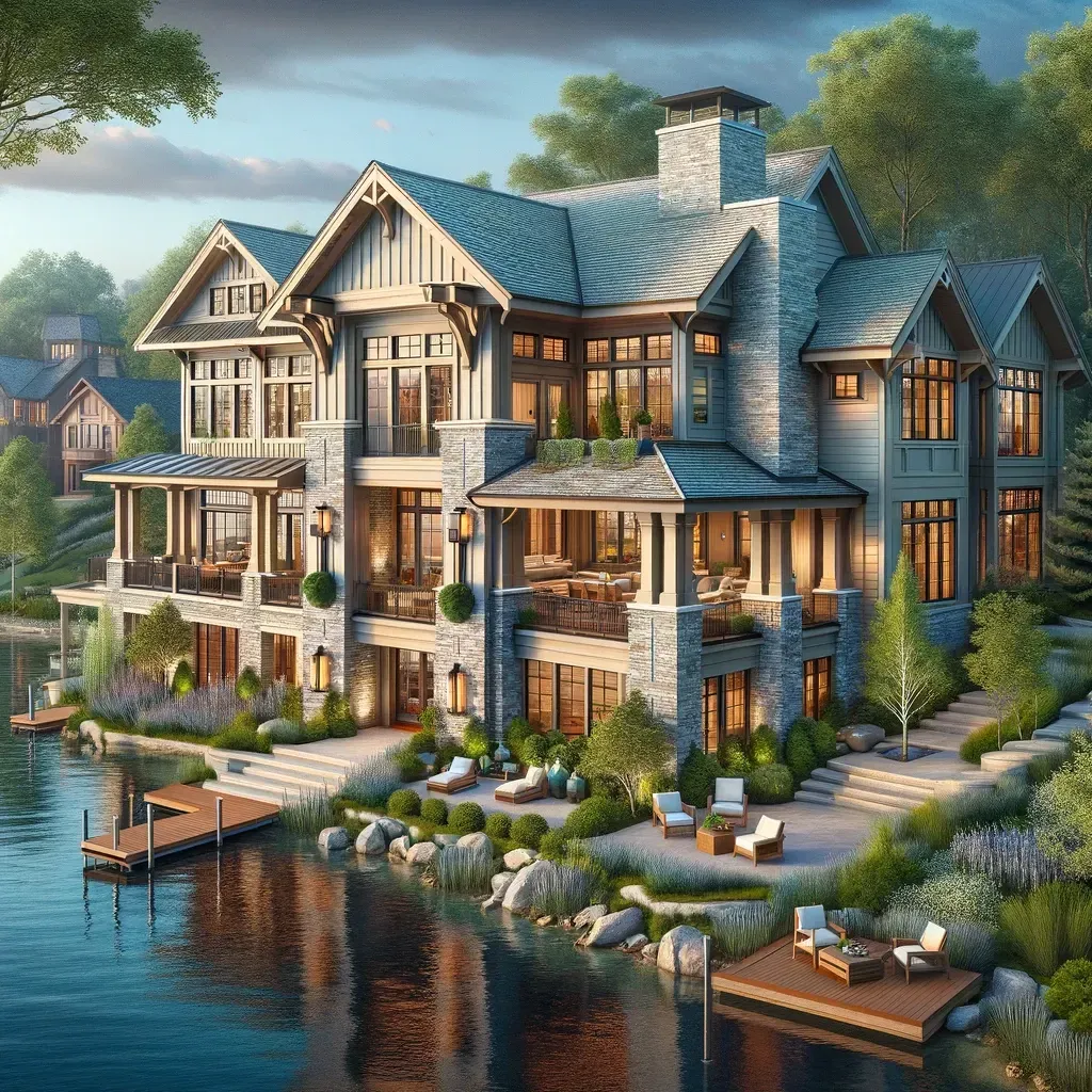 A large house sits on the shore of a lake with a dock in front of it.