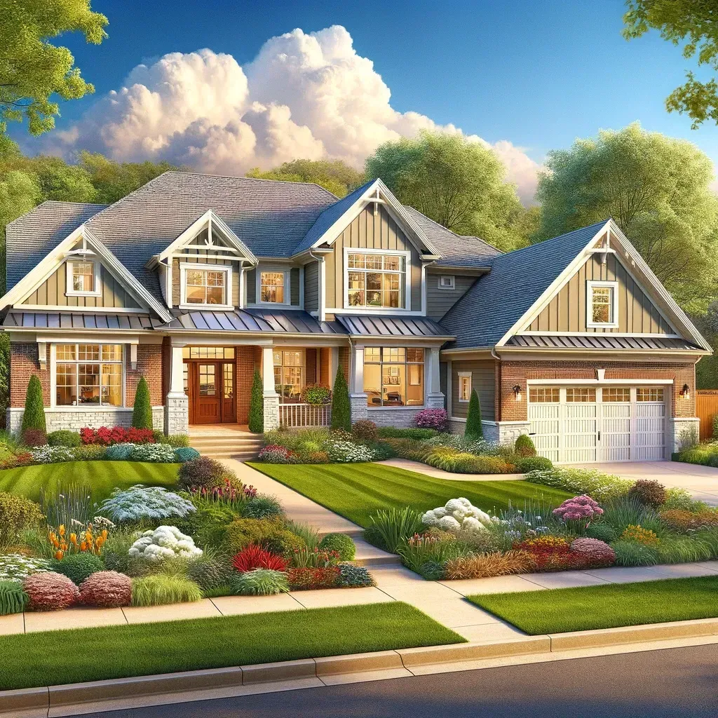 An artist 's impression of a house with a lush green yard