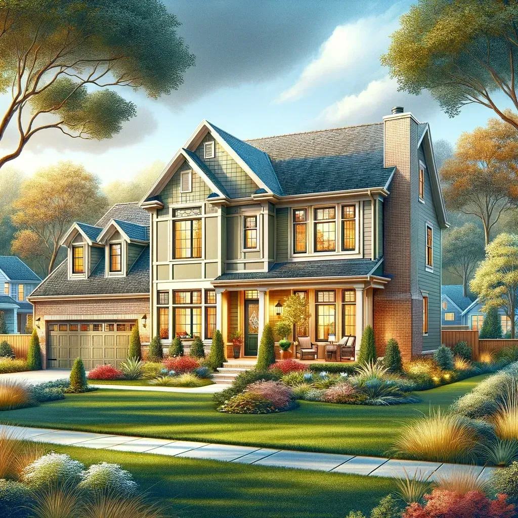 An artist 's impression of a house with a lush green lawn