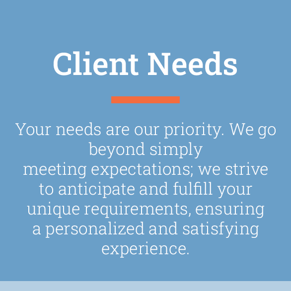 A blue sign that says client needs on it