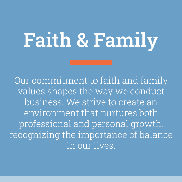 A blue sign that says faith and family on it