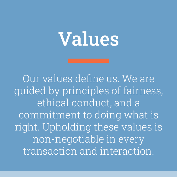 The word values is on a blue background