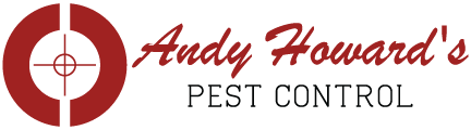 The logo for andy howard 's pest control shows a target in a red circle.