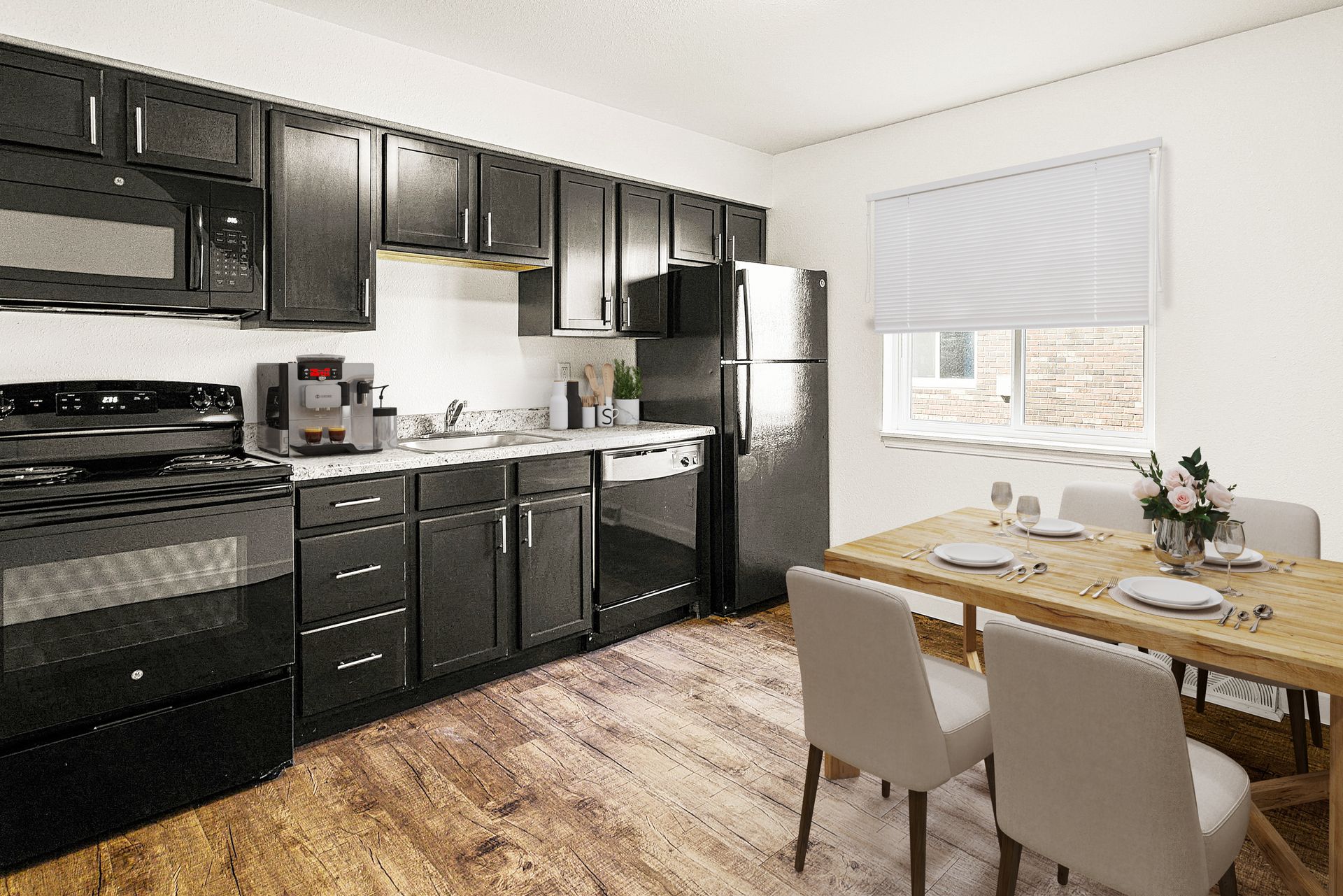 Updated kitchen with espresso cabinets with dining