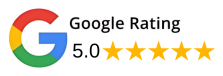 A google rating of 5.0 stars is shown on a white background.