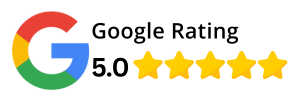 A google rating logo with five stars on a white background.