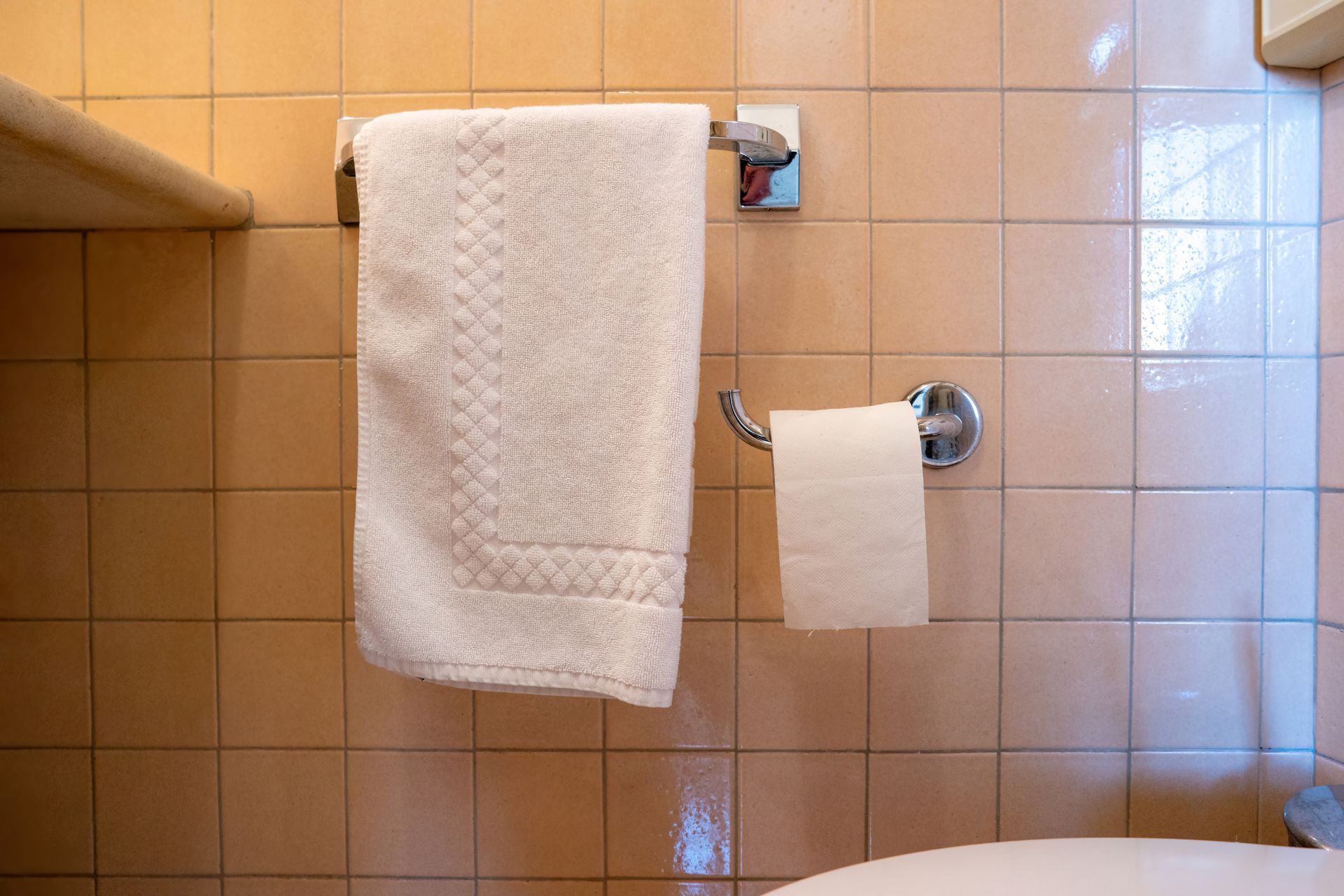 White towel hanging on a chrome bar above a toilet paper roll on a pink-tiled bathroom wall.