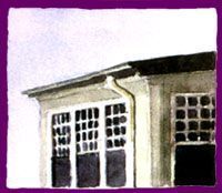 A painting of a white building with black windows and a purple frame.
