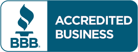 A blue and white sign that says accredited business