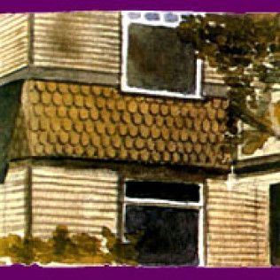 A painting of a house with a roof and a window.