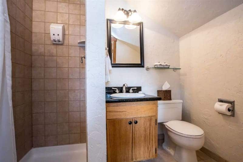 A bathroom with a toilet , sink , mirror and shower.