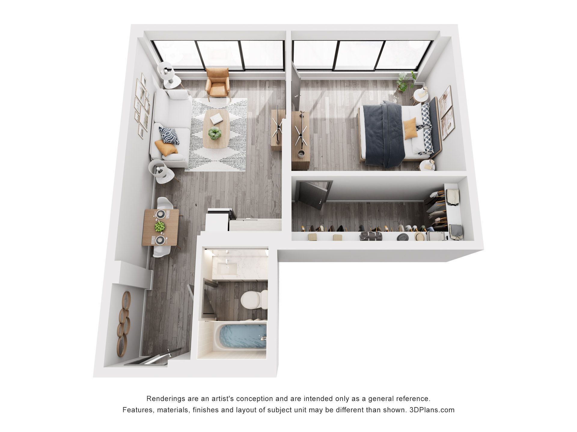 Floor plan of a furnished apartment with a living room, bedroom, bathroom, and dining area.