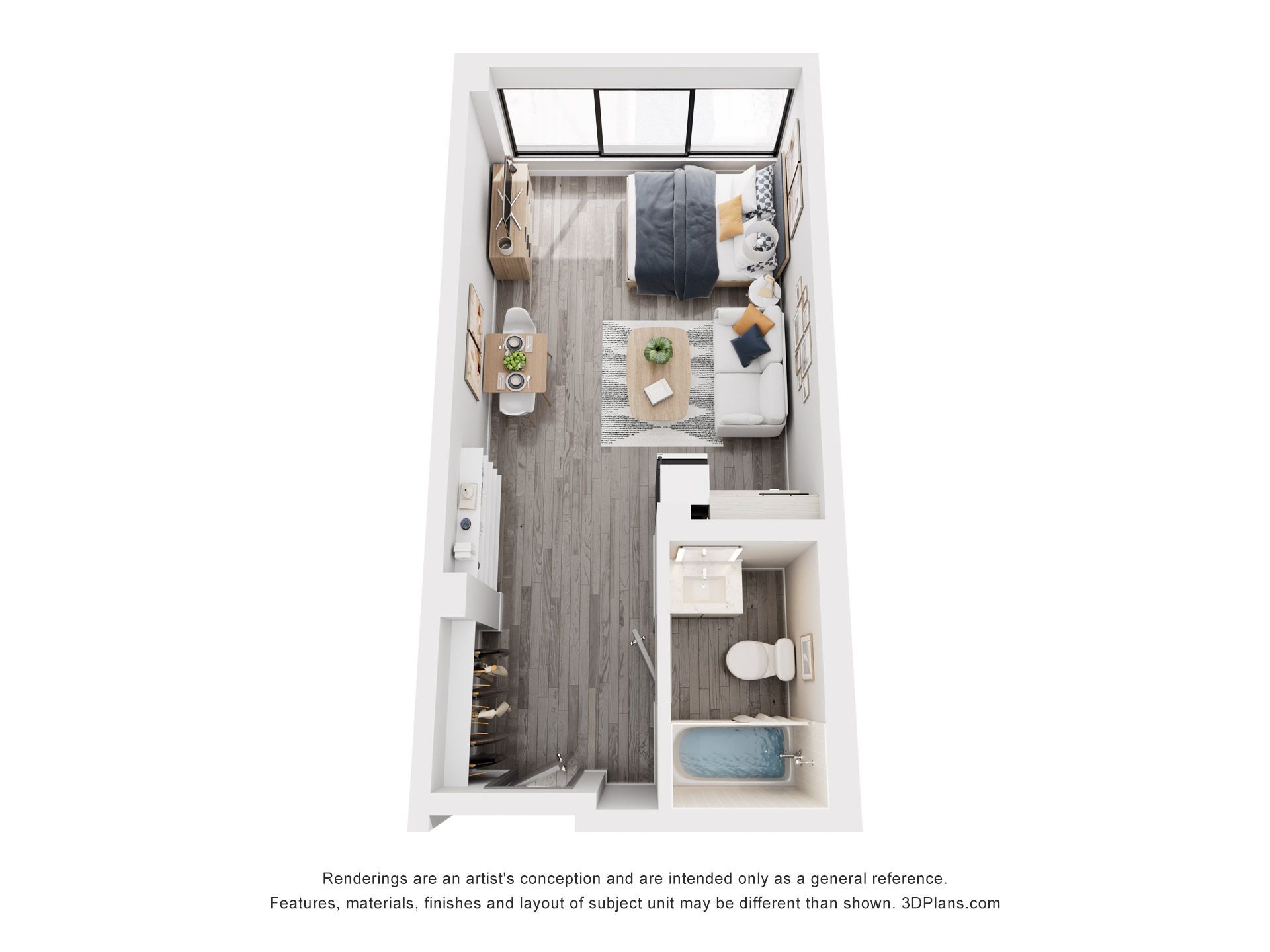Floor plan of a studio apartment with living, dining, kitchen, and bathroom areas.