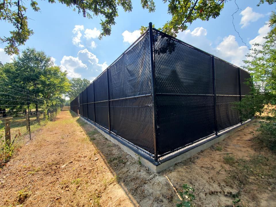 A black chain link fence is surrounded by trees in a field.