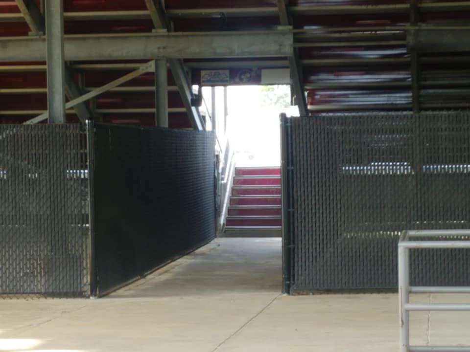 A staircase with a red carpet is behind a fence.