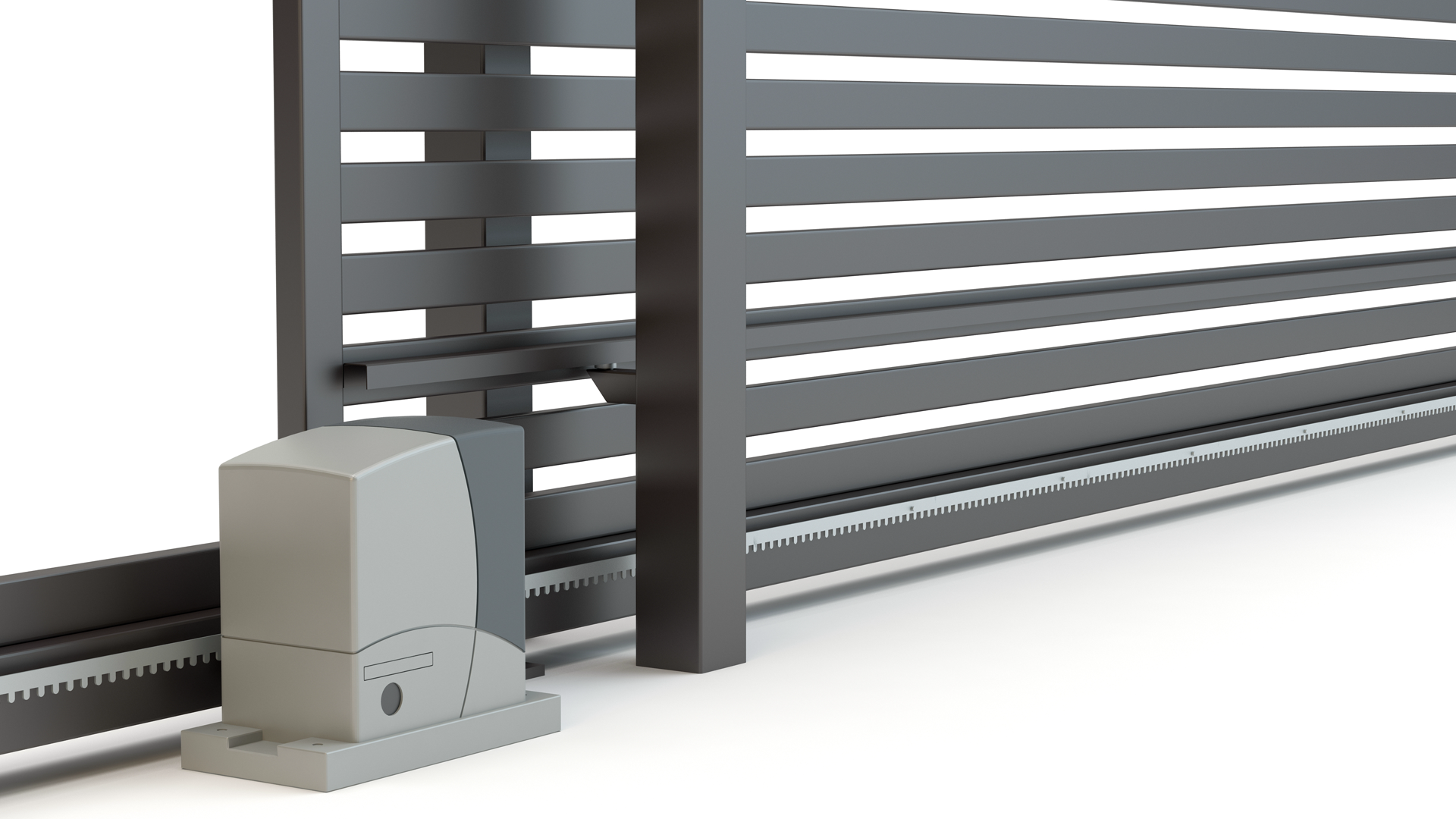 A close up of a sliding gate with a motor attached to it.
