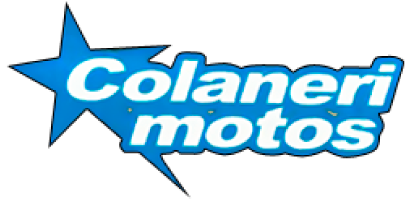 Logotipo para Colaneri Motos, una empresa de motocicletas, con forma de estrella azul y texto blanco sobre fondo azul claro.