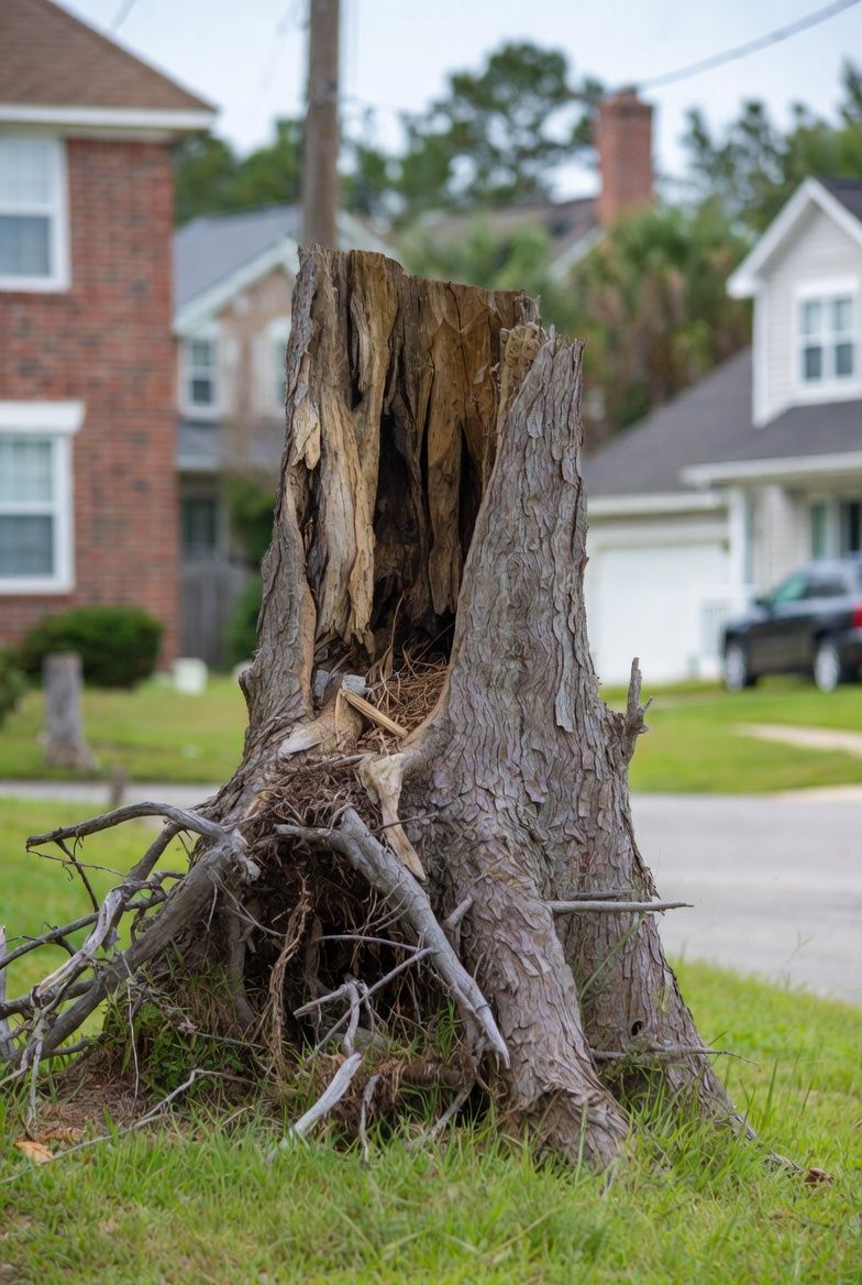 Tree stump in front yard, hollowed out with roots visible; houses in background.