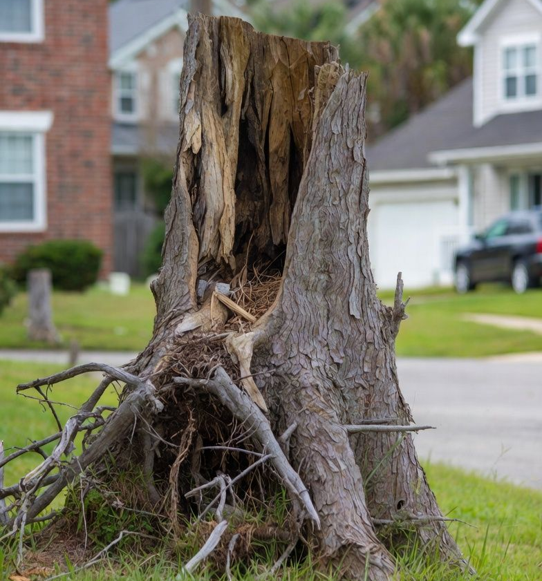 Tree stump in front yard, hollowed out with roots visible; houses in background.