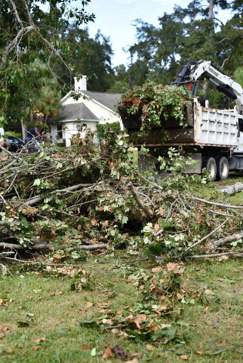 Truck loading tree debris in a yard with a house in the background.