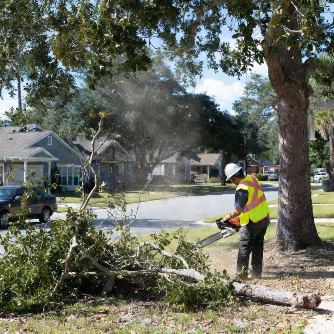 Arborist in safety gear using a chainsaw to cut branches from a large tree in a suburban neighborhood.