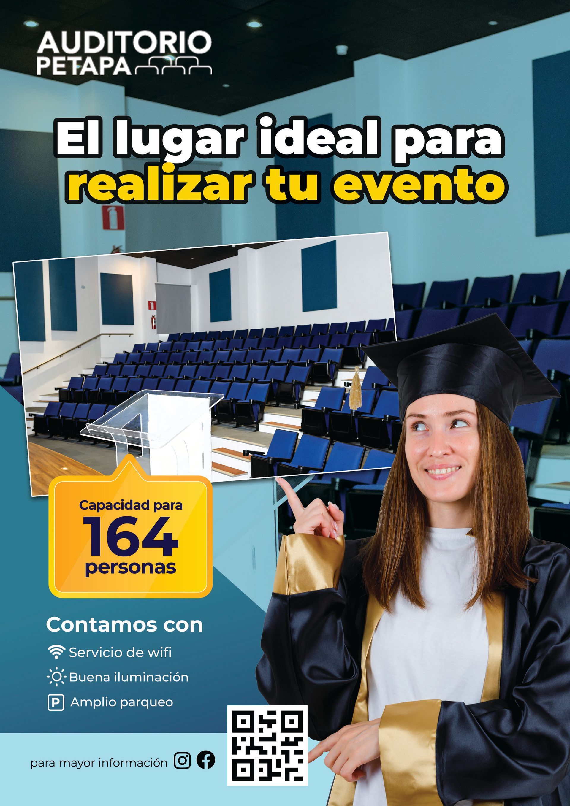 Un cartel de una mujer con toga y birrete de graduación.