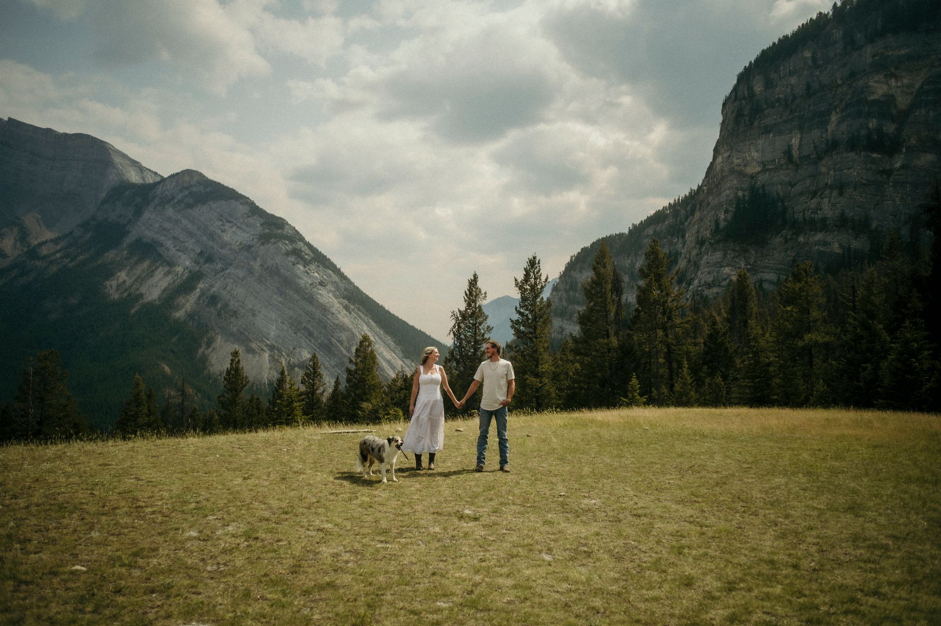 A man and woman are holding hands in a field with mountains in the background.