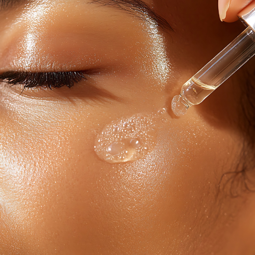 Close-up of a person's face with a dropper dispensing serum onto their cheek. Skin appears dewy and illuminated.