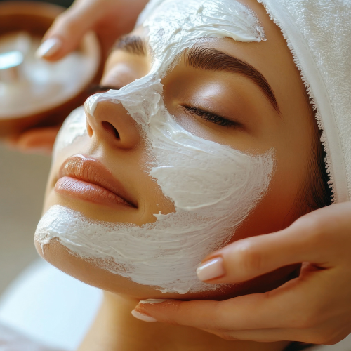 Woman with white facial mask, eyes closed, receiving spa treatment. Hands apply mask.