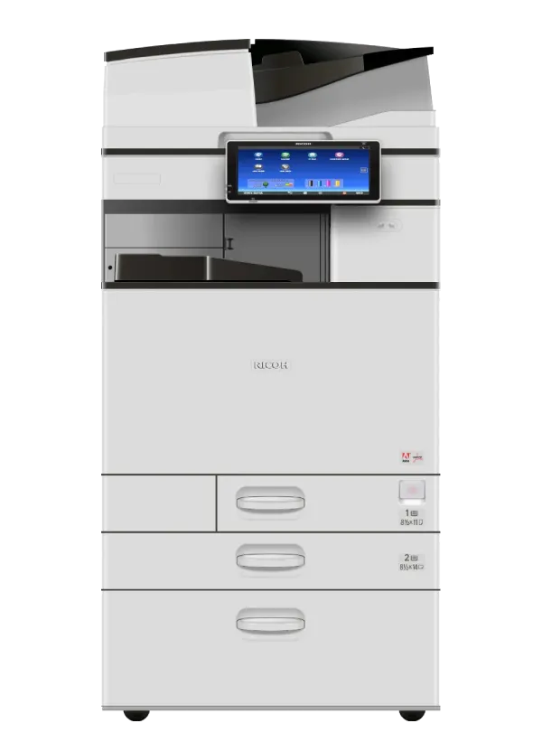 A white printer with a blue screen on top of it on a white background.