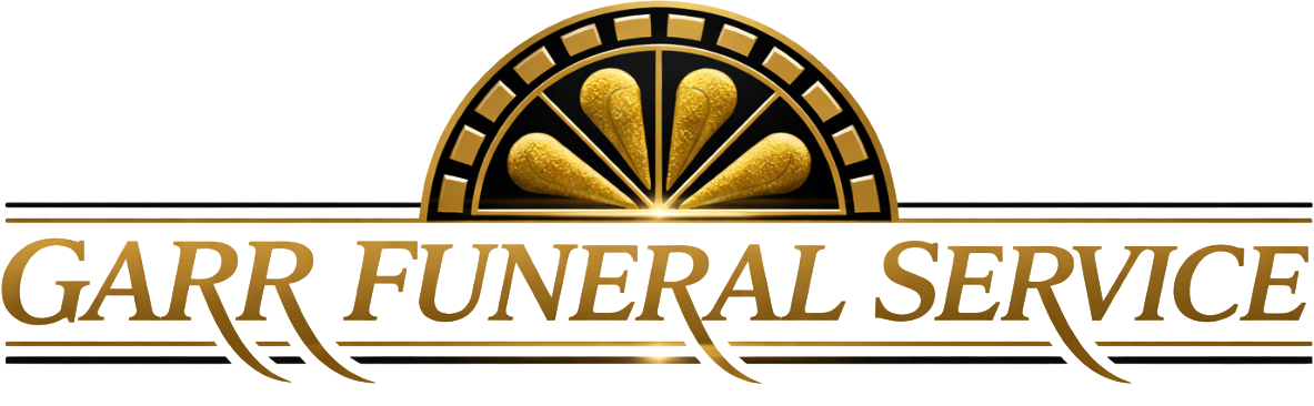 Garr Funeral Service logo with gold decorative elements and text.
