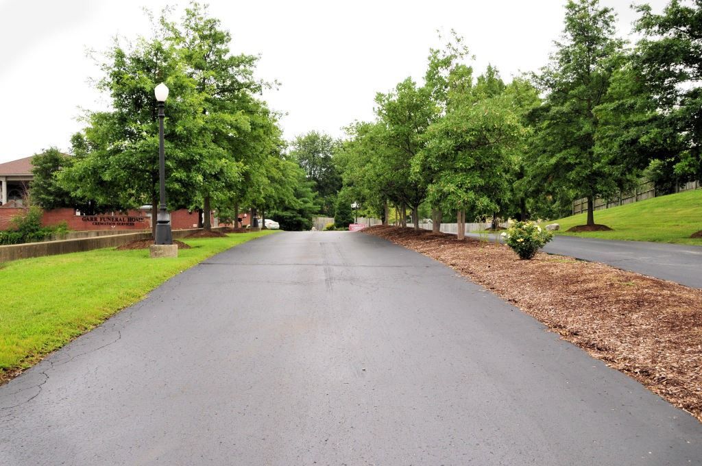 Paved road lined with green trees and a lamppost, leading towards a slightly uphill horizon on a cloudy day.