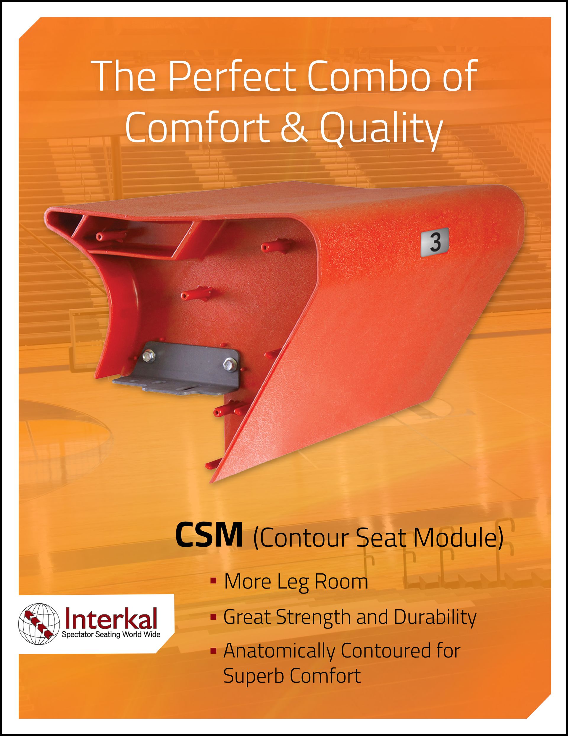 Cover for the CSM Contour Seat Module brochure, highlighting a closeup of an orange CSM module.
