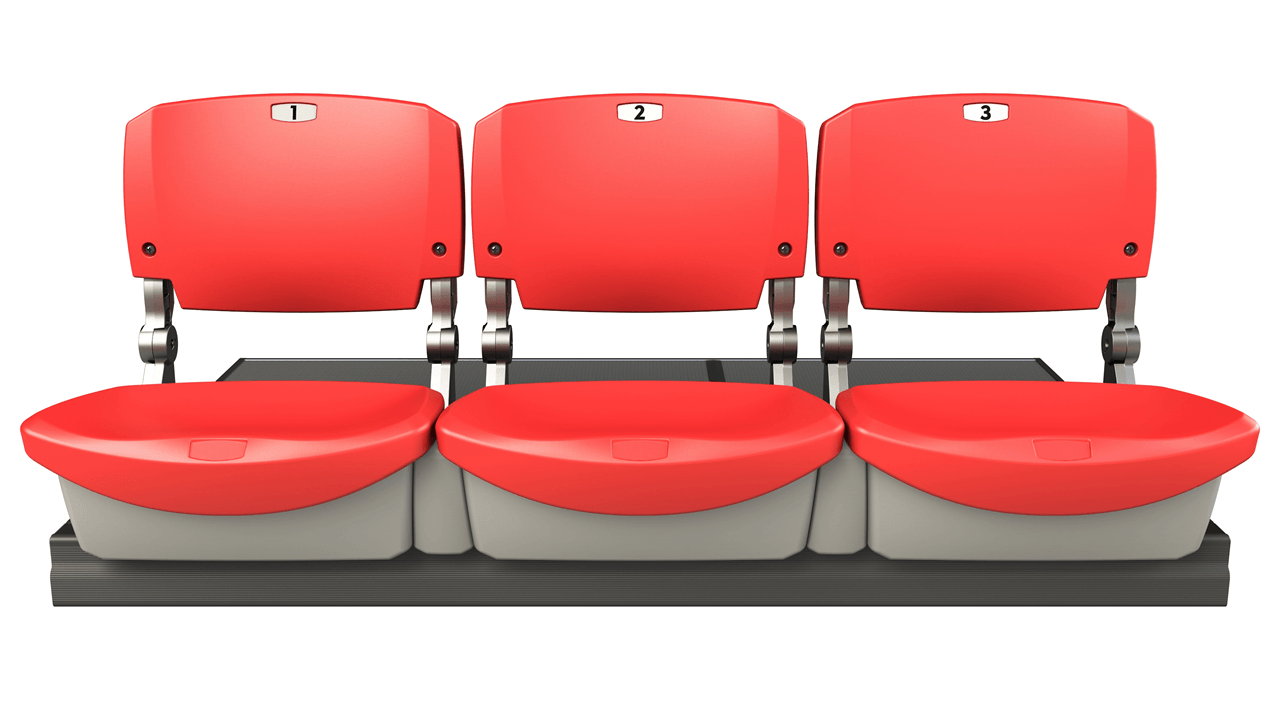 Front image of the Interkal ComfoBack Backrest System alongside red POLARIS multi-purpose seating.