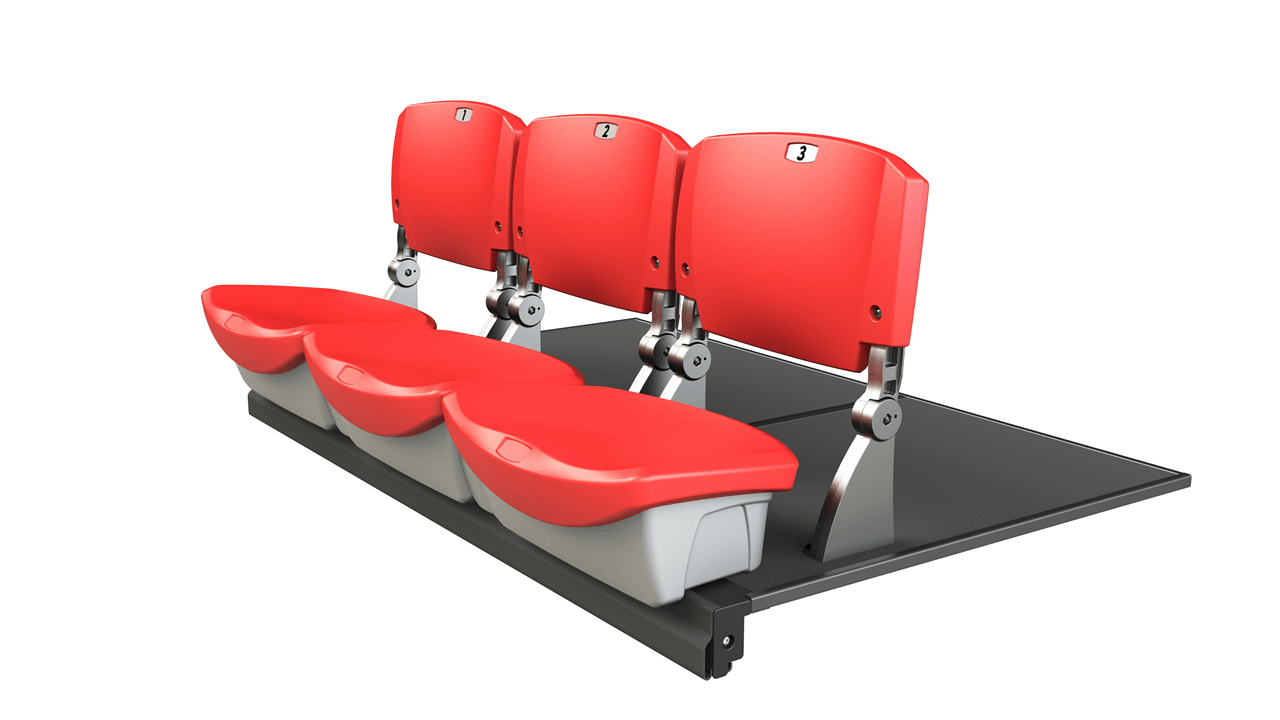 Three quarter image of the Interkal ComfoBack Backrest System alongside red POLARIS multi-purpose seating.