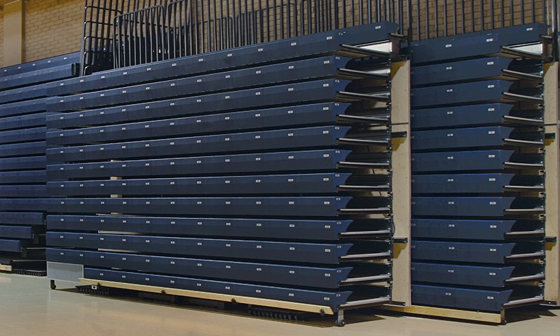 Mobile Telescopic Bleachers from Interkal folded up and ready to move and/or store