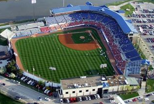 Blue and Red Interkal AURA Solid Stadium Chairs featured at Sec Taylor Stadium.