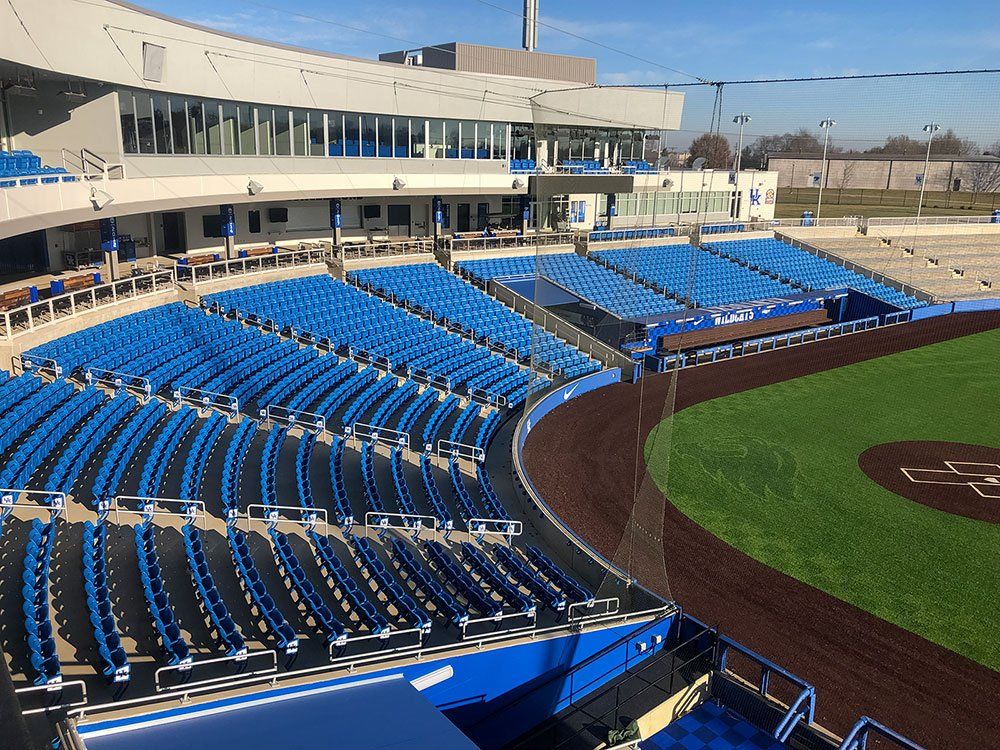 Blue Interkal upholstered AURA Solid Stadium Chairs, and AURA Slat Stadium Chairs at the University of Kentucky stadium.